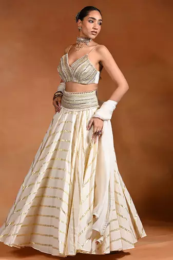Ivory Embroidered Cotton Jacquard Lehenga Set