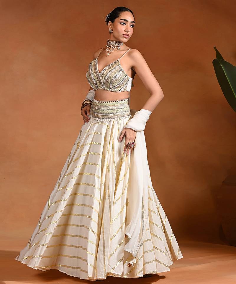 Ivory Embroidered Cotton Jacquard Lehenga Set