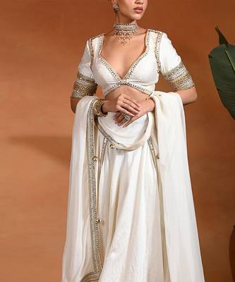 White Ivory Embroidered Dupion Silk Lehenga Set 2