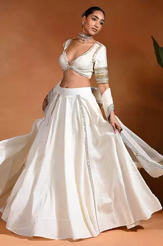 White Ivory Embroidered Dupion Silk Lehenga Set