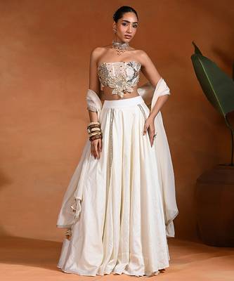 Ivory Embroidered Dupion Silk Lehenga Set 1