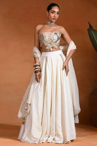 Ivory Embroidered Dupion Silk Lehenga Set