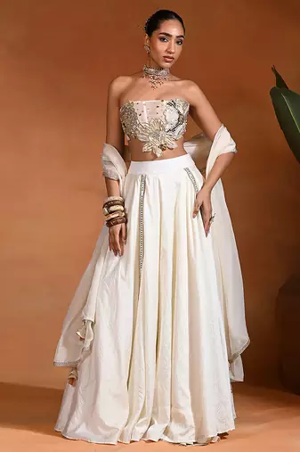 Ivory Embroidered Dupion Silk Lehenga Set