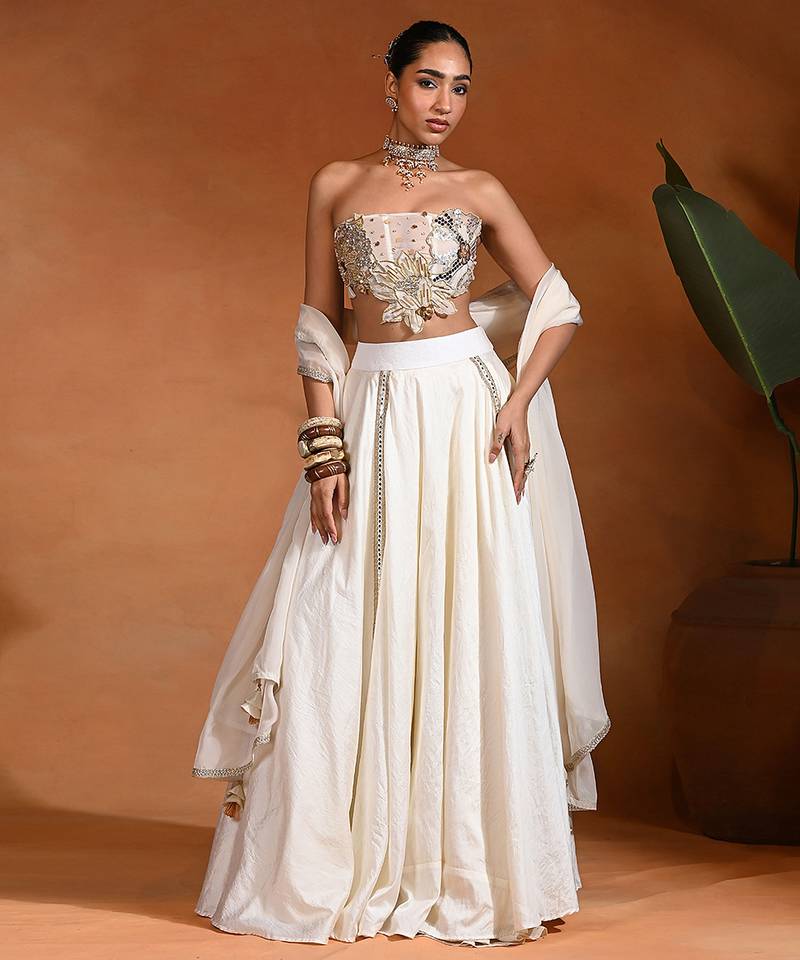 Ivory Embroidered Dupion Silk Lehenga Set