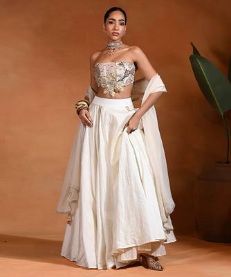 Ivory Embroidered Dupion Silk Lehenga Set 2