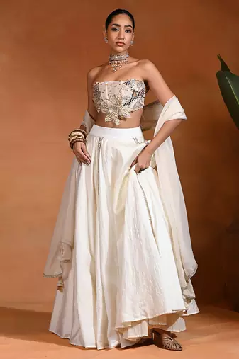 Ivory Embroidered Dupion Silk Lehenga Set