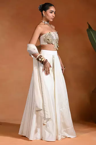 Ivory Embroidered Dupion Silk Lehenga Set