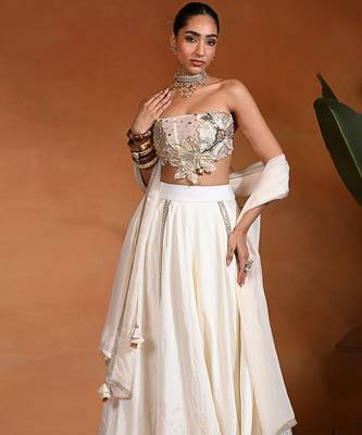 Ivory Embroidered Dupion Silk Lehenga Set 4