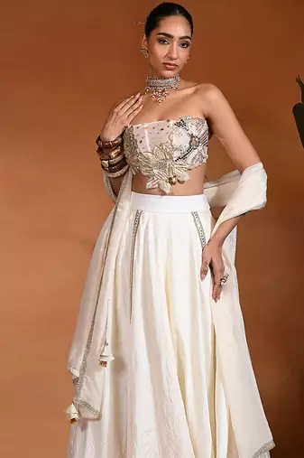 Ivory Embroidered Dupion Silk Lehenga Set