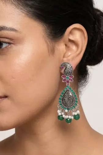 Oxidized silver-tone lotus motif jhumki necklace set with emerald-green accents