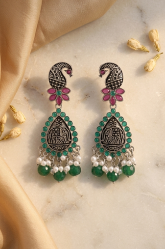 Oxidized silver-tone lotus motif jhumki necklace set with emerald-green accents