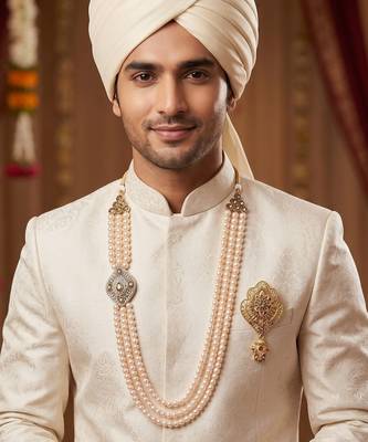   groom sherwani necklace moti mala layered for wedding | groom mala with brooch set 6