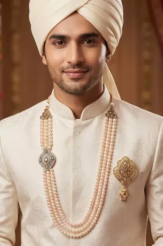   groom sherwani necklace moti mala layered for wedding | groom mala with brooch set