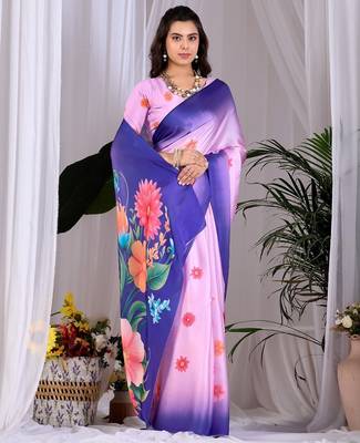 Elegant Lavender Floral Print Saree for Women 2