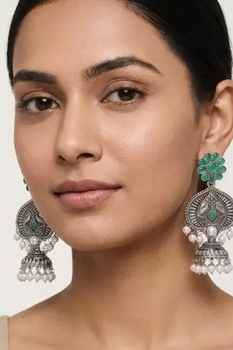 Gold plated-tone lotus motif jhumki necklace set with emerald-green accents