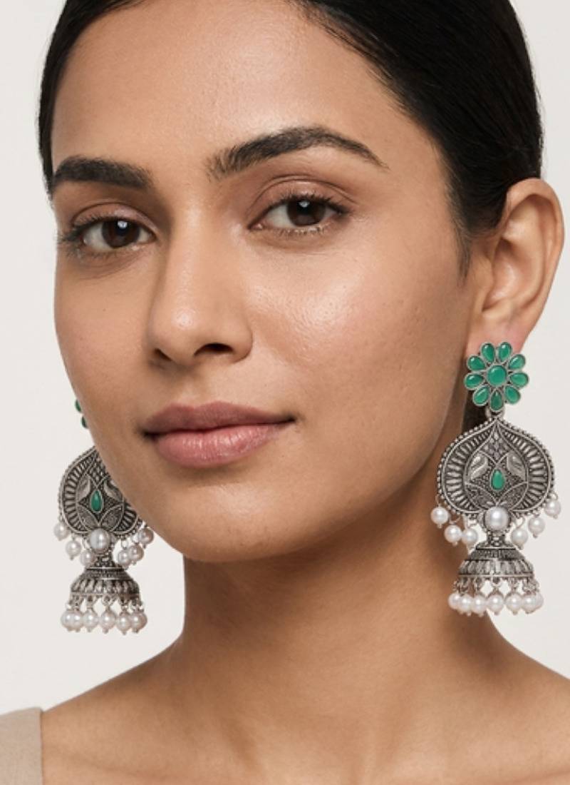 Gold plated-tone lotus motif jhumki necklace set with emerald-green accents