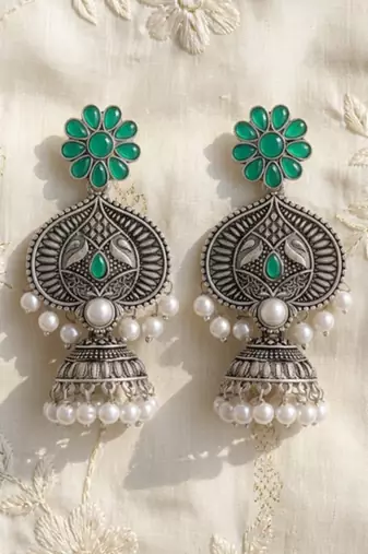 Gold plated-tone lotus motif jhumki necklace set with emerald-green accents