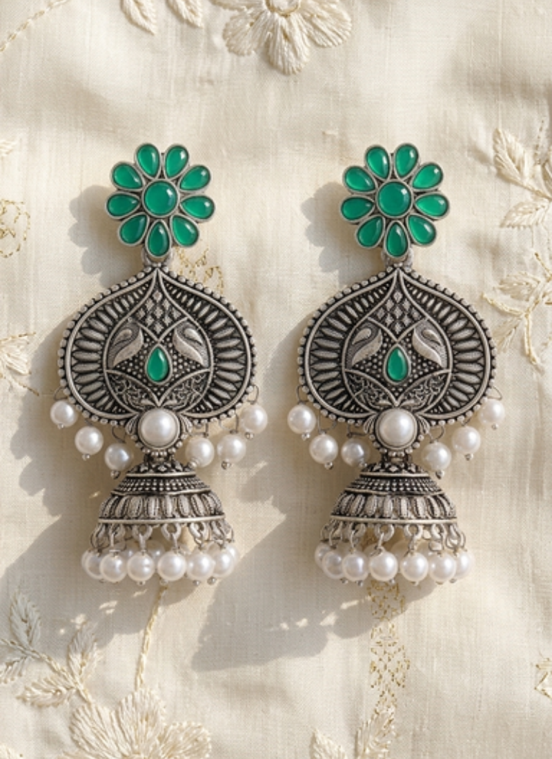 Gold plated-tone lotus motif jhumki necklace set with emerald-green accents