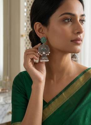 Gold plated-tone lotus motif jhumki necklace set with emerald-green accents 1