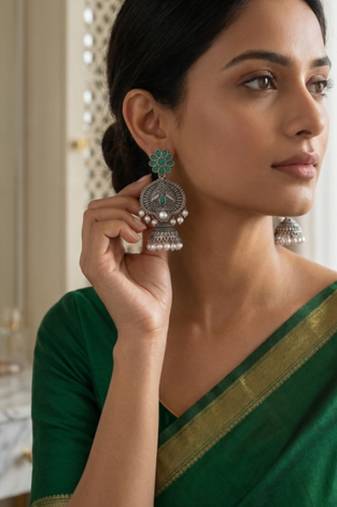 Gold plated-tone lotus motif jhumki necklace set with emerald-green accents
