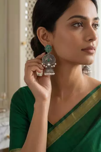 Gold plated-tone lotus motif jhumki necklace set with emerald-green accents