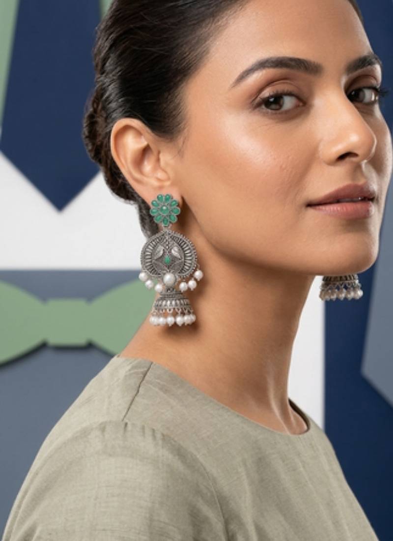 Gold plated-tone lotus motif jhumki necklace set with emerald-green accents