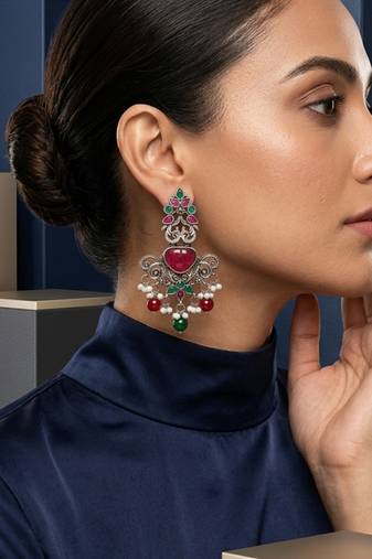 Oxidized silver-tone lotus motif jhumki necklace set with blue accents