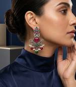 Oxidized silver-tone lotus motif jhumki necklace set with blue accents