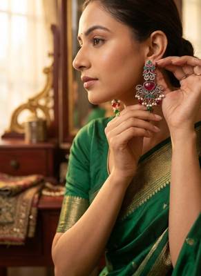 Oxidized silver-tone lotus motif jhumki necklace set with blue accents 4