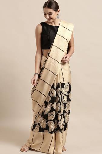 Black & beige printed linen blend traditional saree with kalamkari art print & unstitched blouse
