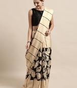 Black & beige printed linen blend traditional saree with kalamkari art print & unstitched blouse