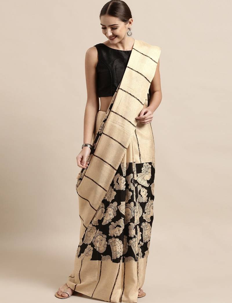 Black & beige printed linen blend traditional saree with kalamkari art print & unstitched blouse