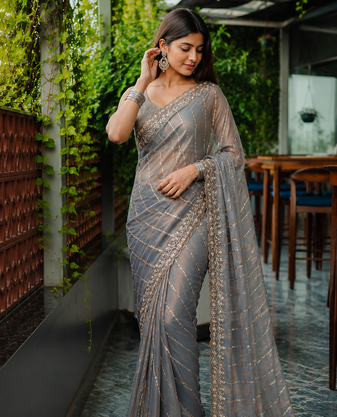 Grey Color HandWork And Sequence Work Satin Saree