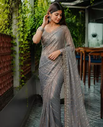 Grey Color HandWork And Sequence Work Satin Saree