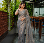 Grey Color HandWork And Sequence Work Satin Saree