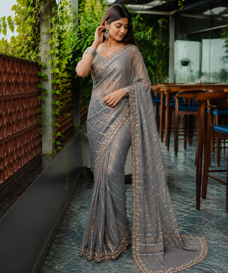 Grey Color HandWork And Sequence Work Satin Saree