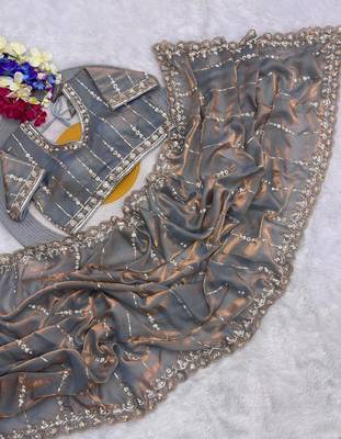 Grey Color HandWork And Sequence Work Satin Saree 2