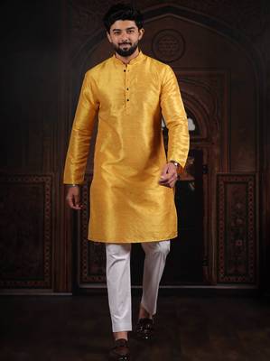 Yellow color smart and ethnic woven textured kurta payjama for mens' ethnic looks 1