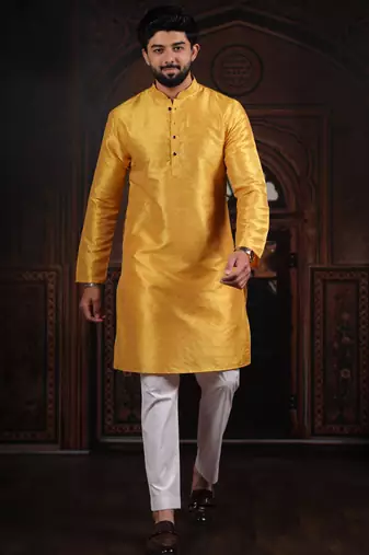 Yellow color smart and ethnic woven textured kurta payjama for mens' ethnic looks