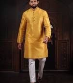 Yellow color smart and ethnic woven textured kurta payjama for mens' ethnic looks