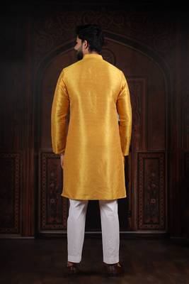 Yellow color smart and ethnic woven textured kurta payjama for mens' ethnic looks 2