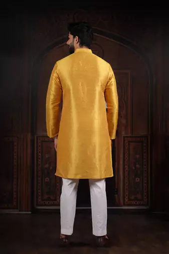 Yellow color smart and ethnic woven textured kurta payjama for mens' ethnic looks