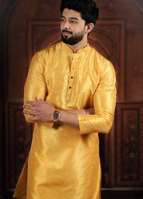 Yellow color smart and ethnic woven textured kurta payjama for mens' ethnic looks 3