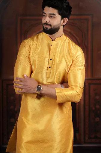 Yellow color smart and ethnic woven textured kurta payjama for mens' ethnic looks