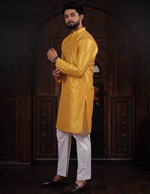 Yellow color smart and ethnic woven textured kurta payjama for mens' ethnic looks 4
