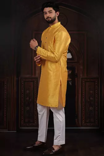 Yellow color smart and ethnic woven textured kurta payjama for mens' ethnic looks