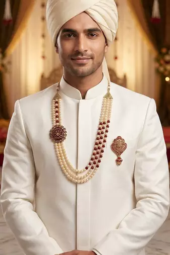 Pearl-Beaded Dulha Moti Mala Haar Necklace With Brooch