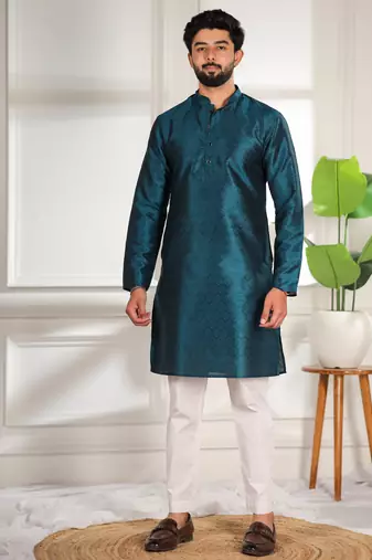 Teal color smart and ethnic woven textured kurta payjama for mens' ethnic looks