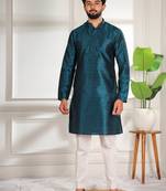 Teal color smart and ethnic woven textured kurta payjama for mens' ethnic looks