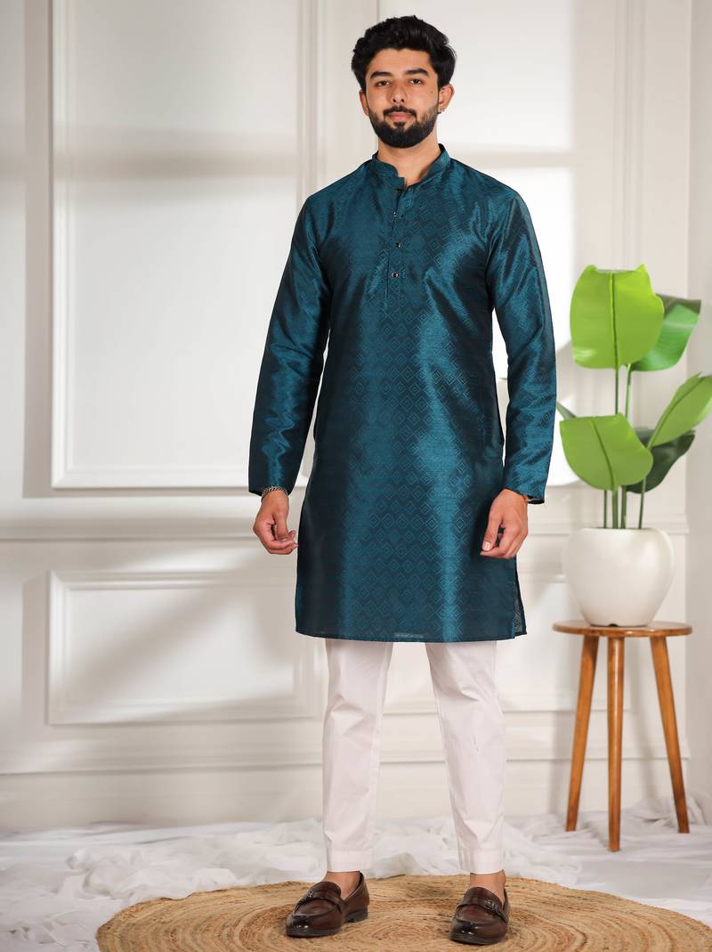 Teal color smart and ethnic woven textured kurta payjama for mens' ethnic looks
